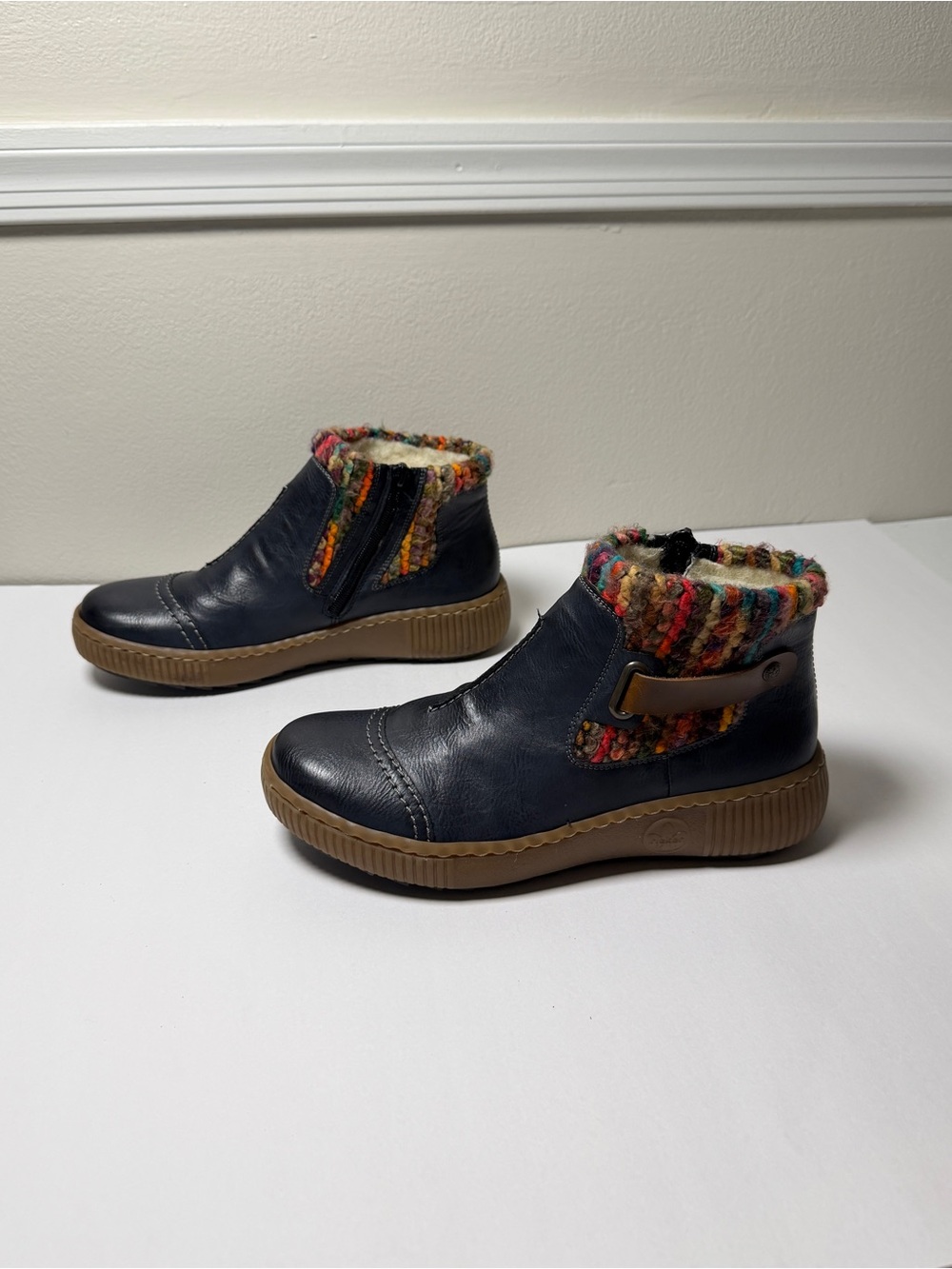 Rieker Felicitas 84 Ankle Boots Navy Multicolor Knit Cuff EU40 US 8.5/9 Z6684-14